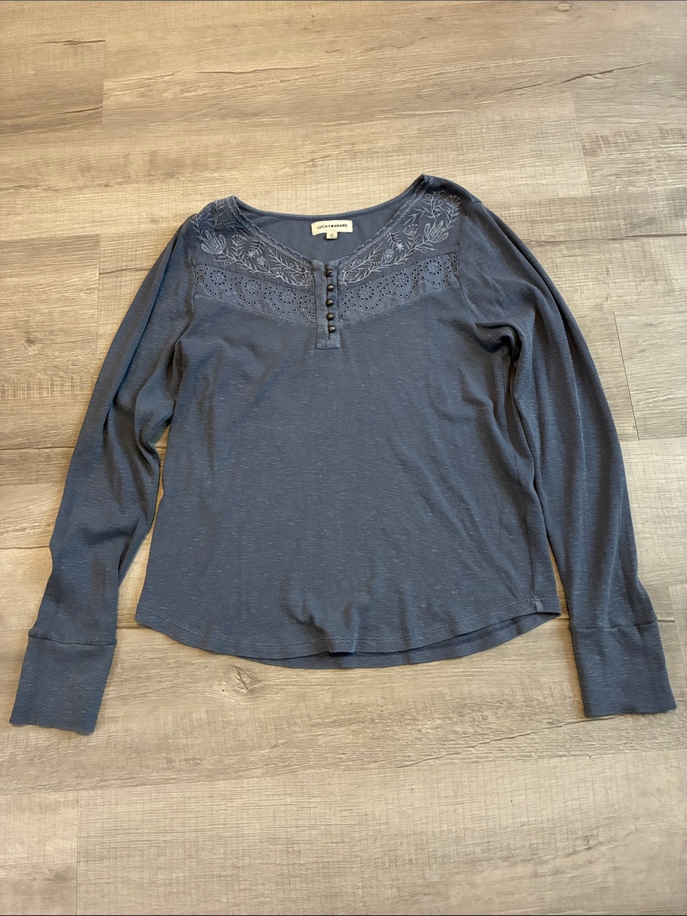 Lucky Brand Navy Floral Embroidered Henley Long Sleeve Top